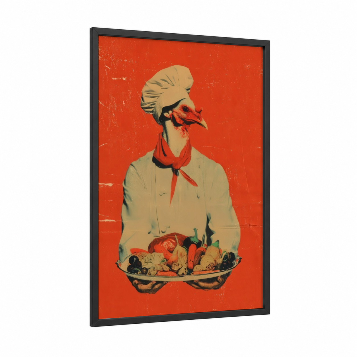 Crimson Chef Turkey framed art print — black wood frame — red and cream palette