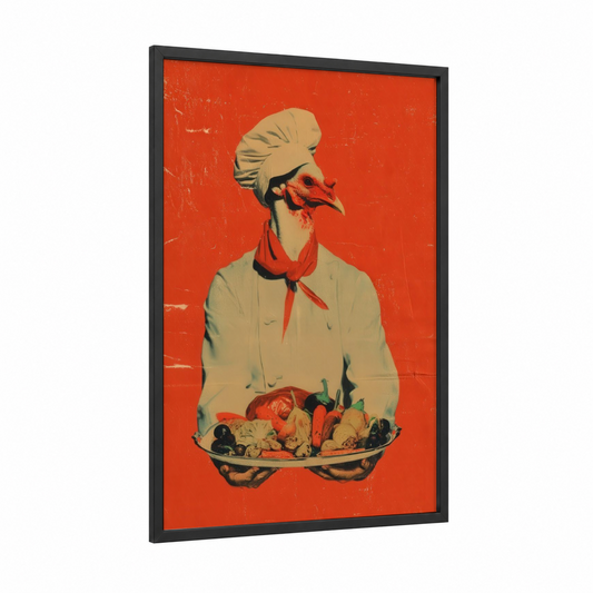 Crimson Chef Turkey framed art print — black wood frame — red and cream palette