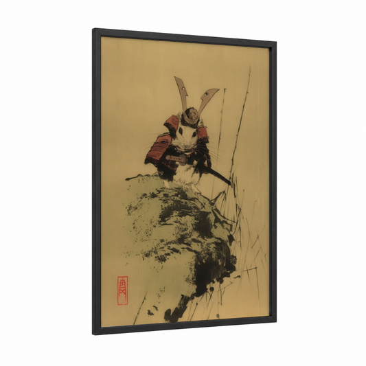 Samurai Gerbil framed art print — black wood frame — beige and black and red palette