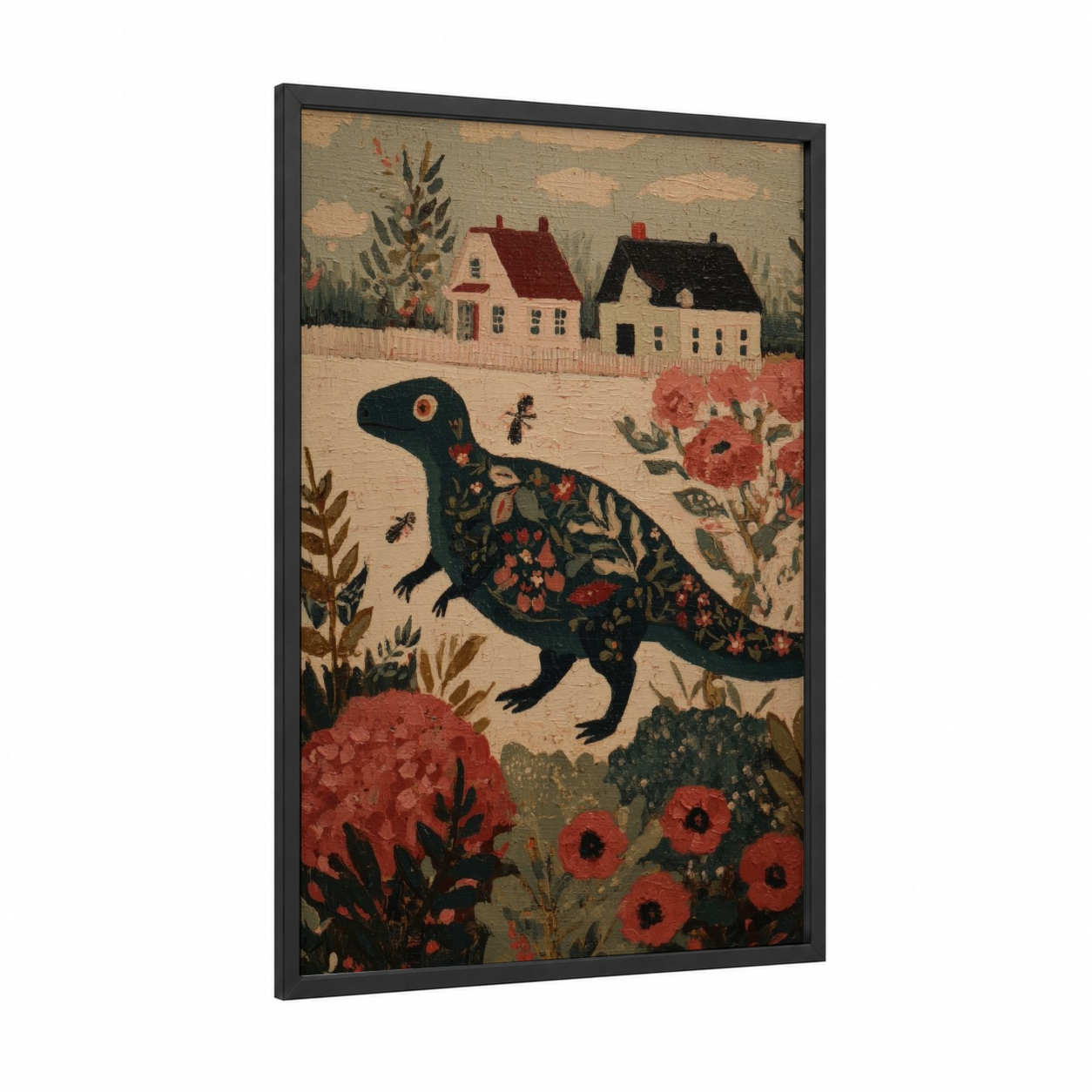 Cottage Dinosaur framed art print — black wood frame — red and dark green palette