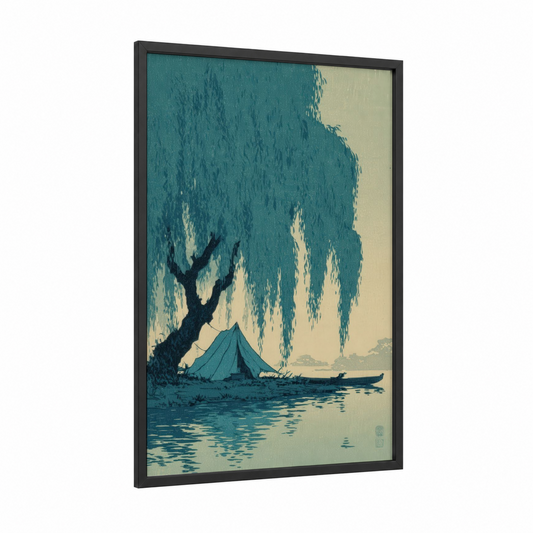 Willow Campsite framed camping print — black wood frame — teal and cream palette