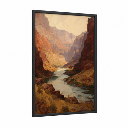 Golden Canyon River framed art print — black wood frame — gold and russet palette