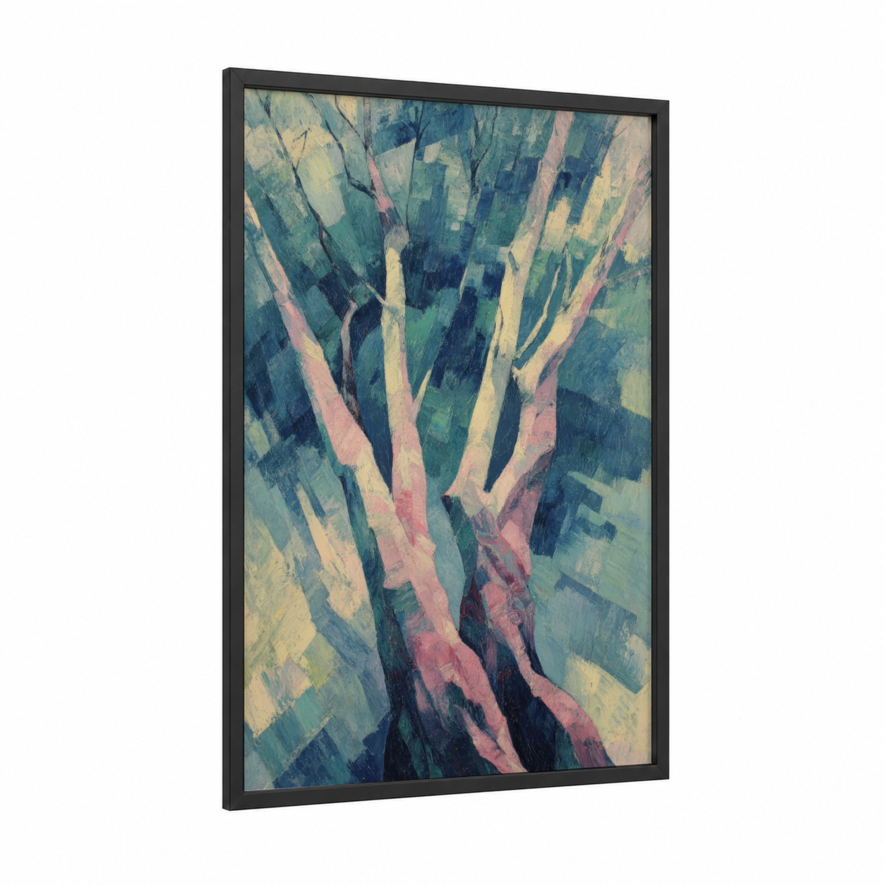 Majestic Banyan framed banyan tree print — black wood frame — blue and peach palette