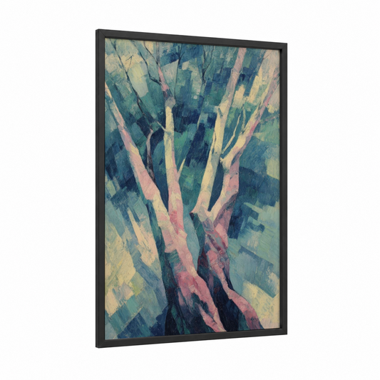 Majestic Banyan framed banyan tree print — black wood frame — blue and peach palette