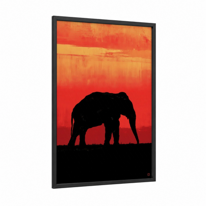 Sunset Elephant framed asian elephant print — black wood frame — red and orange palette