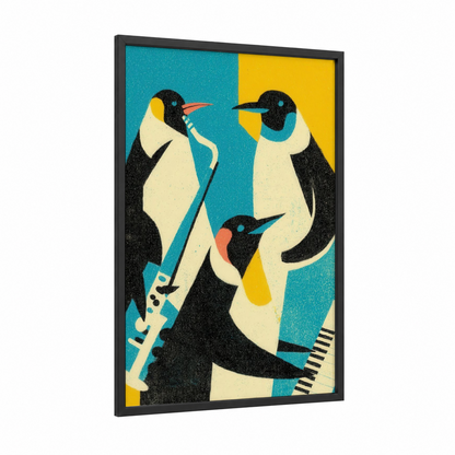 Musical Penguins framed art print — black wood frame — teal and yellow gold palette