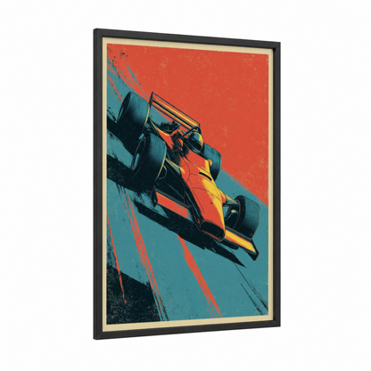 Racing Speed framed auto racing print — black wood frame — red and turquoise palette