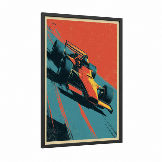 Racing Speed framed auto racing print — black wood frame — red and turquoise palette