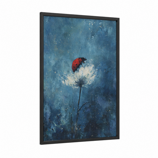 Starlit Ladybug framed art print — black wood frame — blue and gold palette