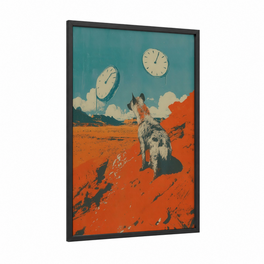 Desert Hyena Surreal framed art print — black wood frame — pumpkin and teal palette