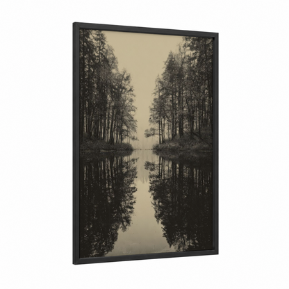 Misty Maple Reflection framed maple forest print — black wood frame — black and white and beige palette