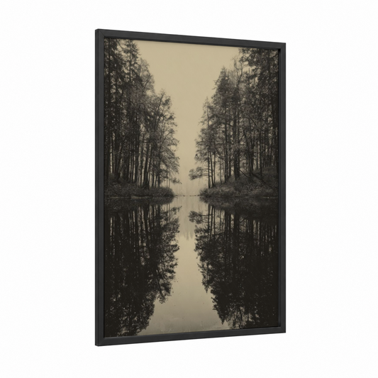 Misty Maple Reflection framed maple forest print — black wood frame — black and white and beige palette