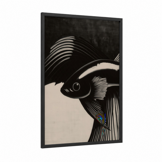 Monochrome Fighting Fish framed art print — black wood frame — black and white and cream palette