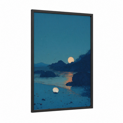 Moonlit Seashell framed art print — black wood frame — blue and gold palette