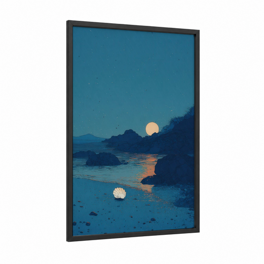 Moonlit Seashell framed art print — black wood frame — blue and gold palette