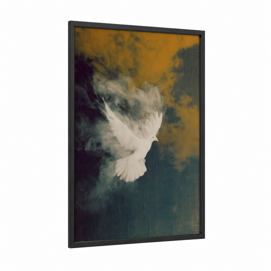 Ethereal Dove framed art print — black wood frame — gold and teal palette