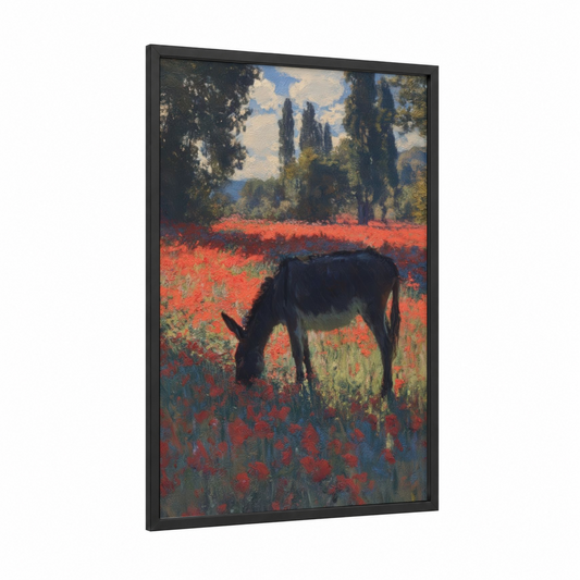 Poppy Field Donkey framed art print — black wood frame — red and blue and green palette