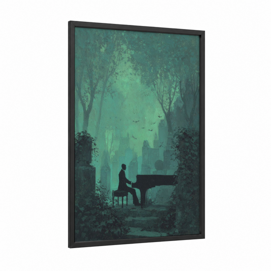 Ethereal Piano Reverie framed art print — black wood frame — teal and black and white palette