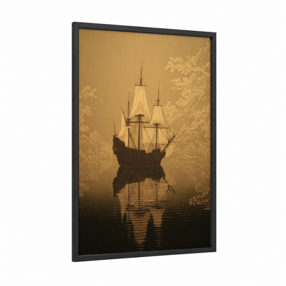 Galleon Skull Reflection framed old ships print — black wood frame — gold and black palette