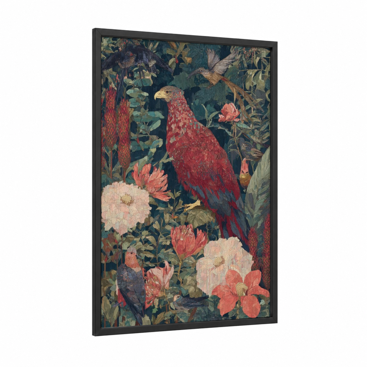 Scarlet Phoenix Garden framed art print — black wood frame — dark green and salmon pink palette