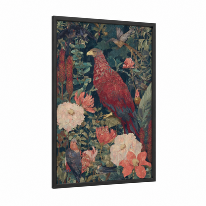 Scarlet Phoenix Garden framed art print — black wood frame — dark green and salmon pink palette