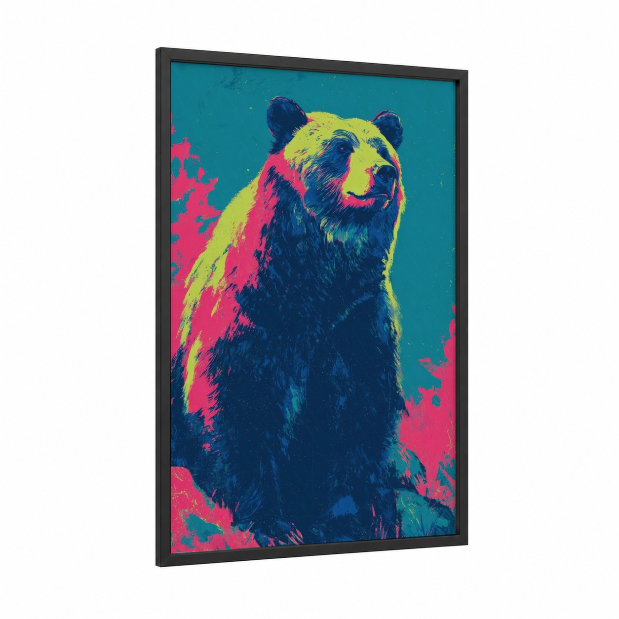 Neon Grizzly framed grizzly bear print — black wood frame — magenta and teal palette