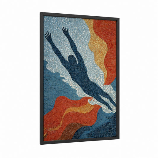 Mosaic Swimmer framed swimming print — black wood frame — blue and red palette