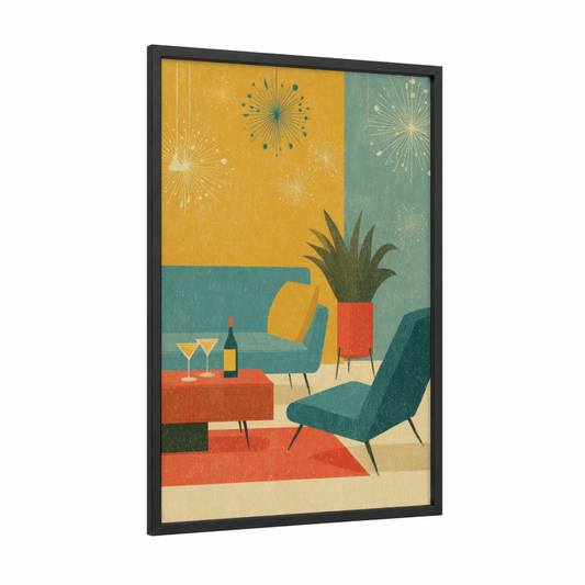 Retro Celebration framed new years eve print — black wood frame — yellow gold and teal palette