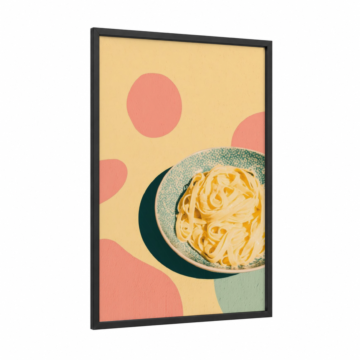 Golden Pasta Bowl framed art print — black wood frame — peach and light green palette