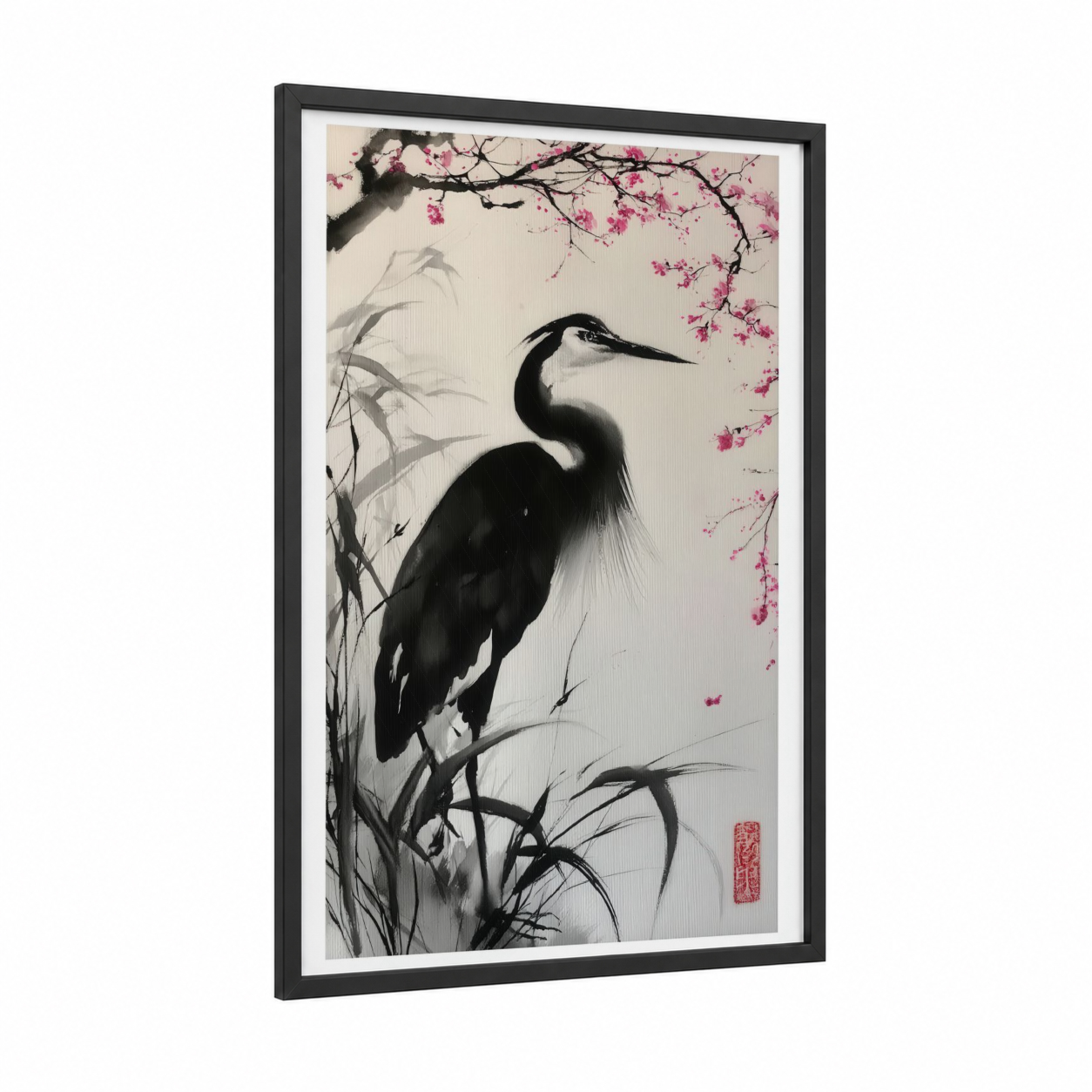 Cherry Blossom Heron framed art print — black wood frame — black and white and magenta palette