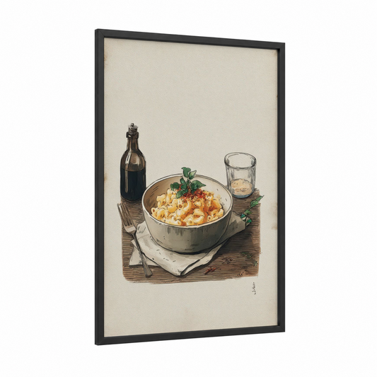 Creamy Pasta Bowl framed art print — black wood frame — beige and black palette