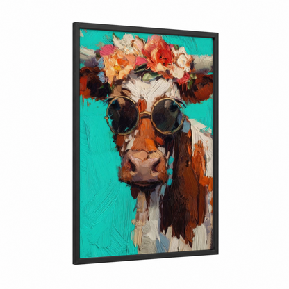 Floral Longhorn framed longhorn cow print — black wood frame — turquoise and orange palette