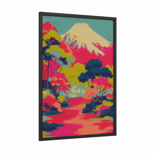 Neon Mount Fuji framed art print — black wood frame — magenta and lime green palette