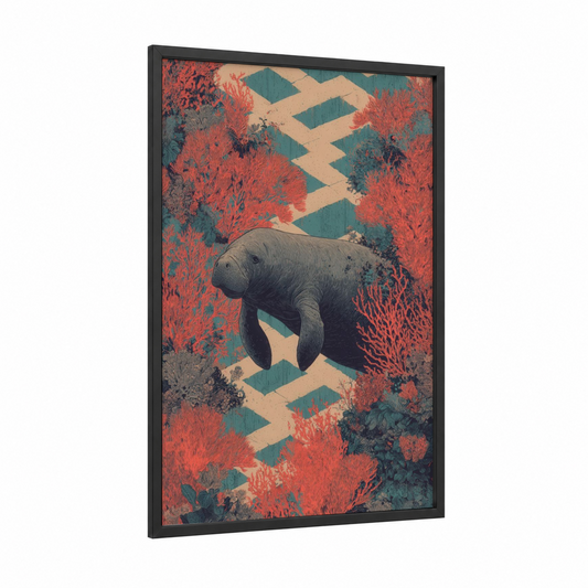 Coral Manatee framed manatees print — black wood frame — red and teal palette