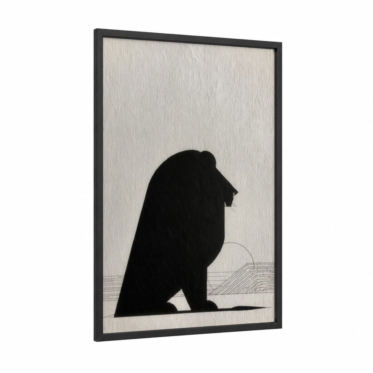 Contemplative Lion framed art print — black wood frame — black and cream palette