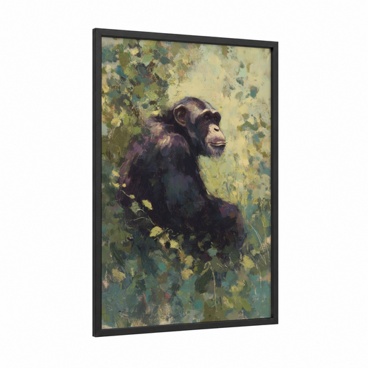Contemplative Chimpanzee framed art print — black wood frame — olive and cream palette