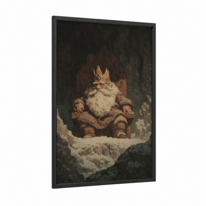 Throne Dwarf framed dwarves print — black wood frame — brown and gray and white palette