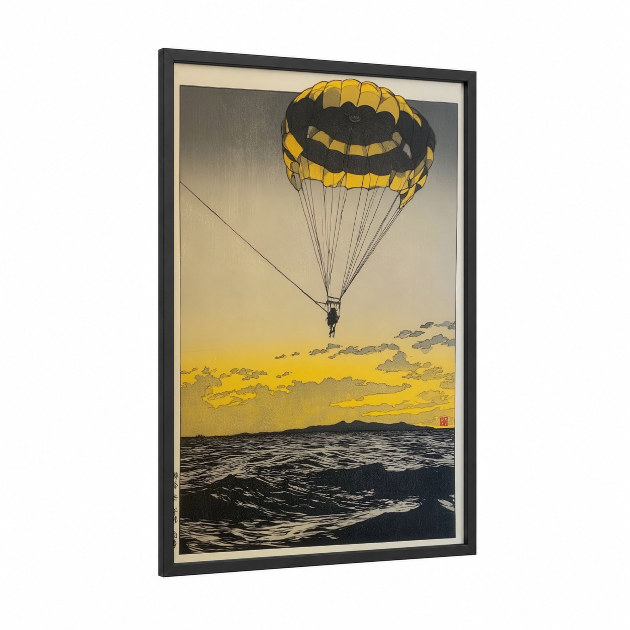 Golden Parasail Descent framed parasailing print — black wood frame — gold and black palette