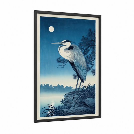 Moonlit Heron framed art print — black wood frame — blue and white palette