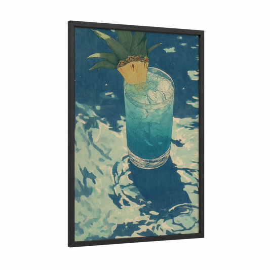Tropical Cocktail framed art print — black wood frame — teal and gold palette