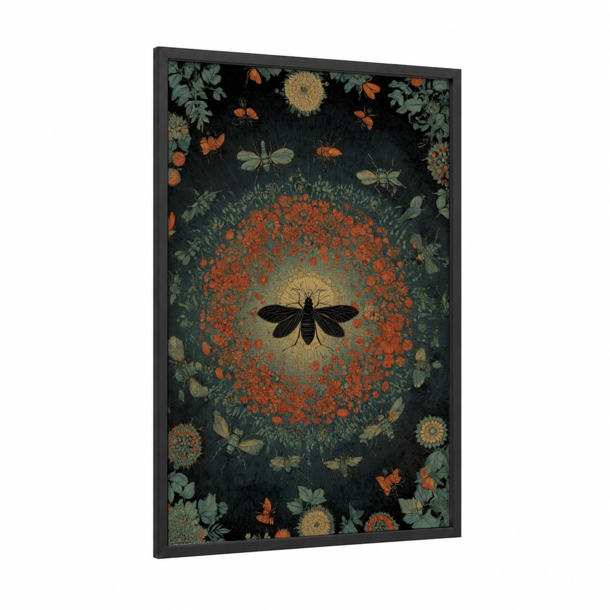 Crimson Ant Mandala framed art print — black wood frame — red and dark green palette
