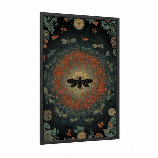 Crimson Ant Mandala framed art print — black wood frame — red and dark green palette