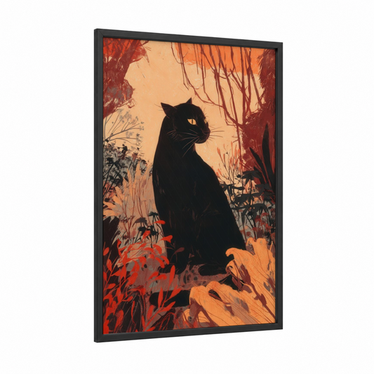 Midnight Garden Panther framed art print — black wood frame — orange and black and gold palette