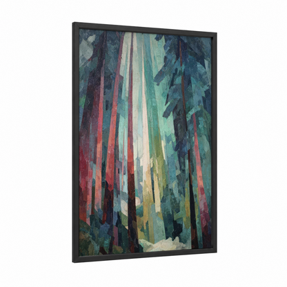 Crimson Redwood Path framed redwood tree print — black wood frame — maroon and dark green palette