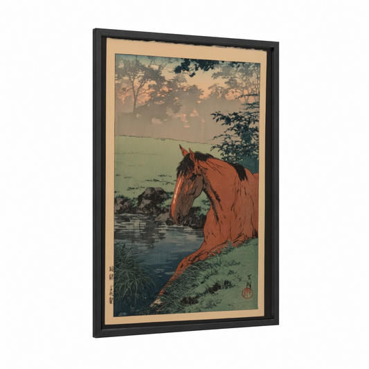 Riverside Thoroughbred framed thoroughbred horse print — black wood frame — russet and light green palette