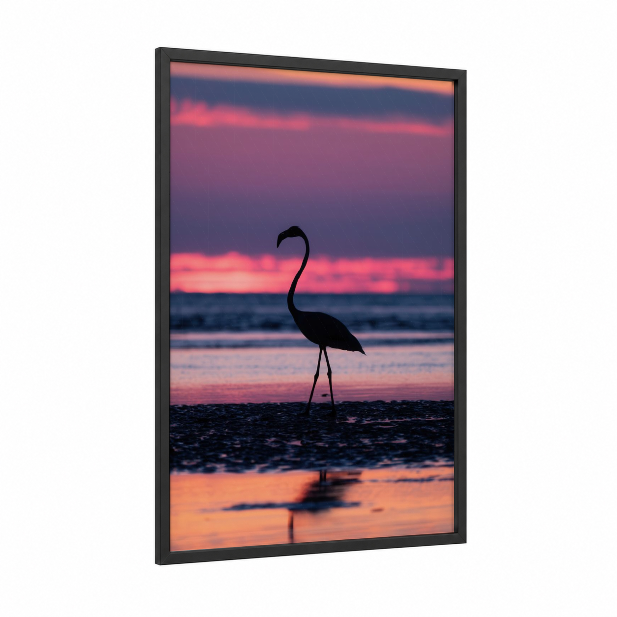Sunset Swan Silhouette framed art print — black wood frame — pink and orange palette