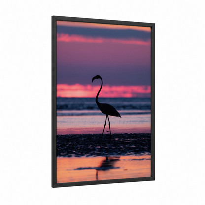 Sunset Swan Silhouette framed art print — black wood frame — pink and orange palette
