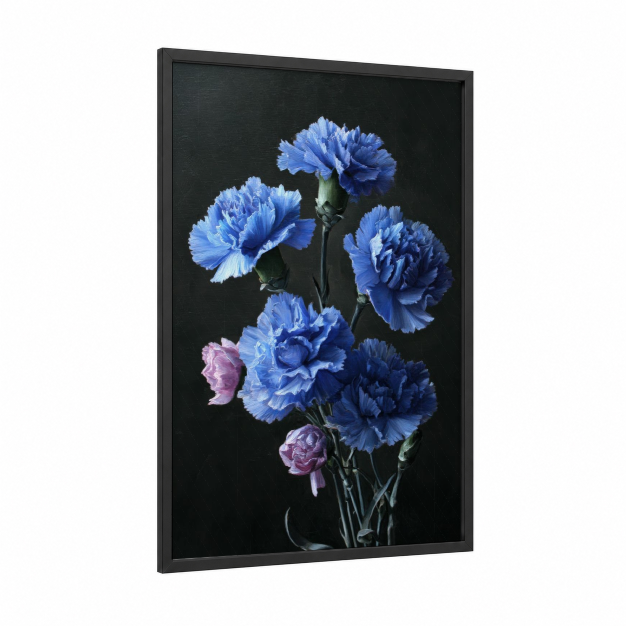 Blue Carnation Bunch framed carnations print — black wood frame — blue and pink palette