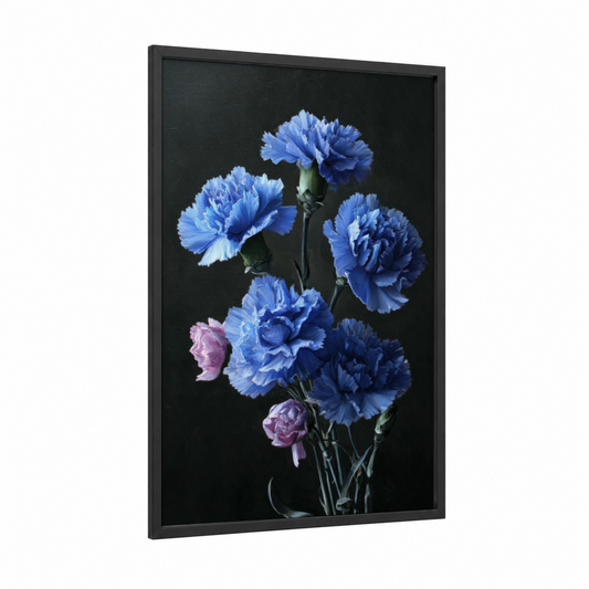 Blue Carnation Bunch framed carnations print — black wood frame — blue and pink palette