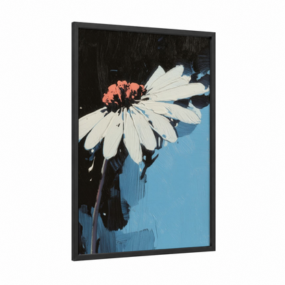 Coral Daisy framed abstract flower print — black wood frame — blue and black and white palette